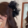 Black Tulle Bow Hair Clip with Rhinestones Large Claw Hair Accessory for Thick Hair Ponytails Chiffon Bow and Mesh Bowkn