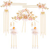 HINZIC 5Pcs Flowers Tassel Hair Pins Set Crystal Rhinestone Pearl Hair Stick Chinese Hanfu Traditional Wedding Classical