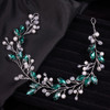 Teyglen Green Rhinestones Pearls Crystals Long Headband Handmade Bridal Silver Crystal Headband Wedding Hair Accessories