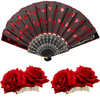 2 Pieces Women Rose Flower Hair Clip and Embroidered Sequins Fabric Handheld Folding Fan Mexican Hair Accessories for Fl