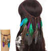 Fodattm Set of 2 Bohemian Peacock Feather Headband Headdress and Armband Hippie Headwear Headpiece Handmade Tribal India