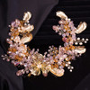 Teyglen Pink Rhinestone Gold Large Headband Hair Vine Bridal Flower Wedding Luxurious Hair Pieces Leaf Headpieces for Wo