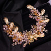 Teyglen Pink Rhinestone Gold Large Headband Hair Vine Bridal Flower Wedding Luxurious Hair Pieces Leaf Headpieces for Wo