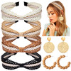 NVENF 6Pack Straw Headbands Rattan Earrings for Women Boho Raffia Straw Knotted Hairband Wide Woven Twist Hair Hoop Summ