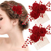 2 Pcs Red Flower Hair Comb Gold Rose Bridal Side Combs Floral Rhinestone Pearl Combs Vintage Decorative Crystal Emerald