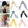 LOVEF 5pcs Womens Solid Colors Rabbit Ear Hair Bow Tie Bands Ponytail Holder Long Scrunchies Hair Accessories