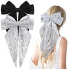 2Pcs Big Glitter Layered Hair Bows for Women Girls 8 Inch Barrette Hair Clip Black Sliver Sparkly Large Long Bows Style