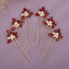 Teyglen 6pcs Crystal Pearl Bridal Hair Pins Red Rhinestone Wedding Hair Pins Clips Set Handmade Rhinestone Hair Piece De