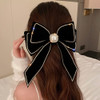Jumwrit Big Hair Bow Rhinestone Pearl Hair Barrette Clip Vintage Velvet Hair Bowknot with Long Tail Strong Hold Solid Co