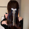 Jumwrit Glitter Rhinestone Hair Bow Clip Long Chain Tassel Hair Barrette Boho Metal Hollow Bowknot Hairpin Strong Hold P