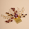 BERYUAN Wine Red Crystal Pearls Hair Comb Wine Red Beads Flower Hair Piece Gold Wedding Head Piece Pearls Crystal Rhines