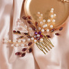 BERYUAN Wine Red Crystal Pearls Hair Comb Wine Red Beads Flower Hair Piece Gold Wedding Head Piece Pearls Crystal Rhines