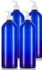 JUVITUS 4 pack 32 oz Cobalt Blue Boston Round PET Plastic Bottles with White Lotion Pump Labels