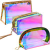 Weewooday 3 Pieces Iridescent Makeup Bag Holographic Bag Cosmetic Toiletries Bag Portable Waterproof Travel Pouch Irides