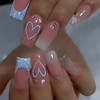SINSEN Square Press On Nails Medium Length French Tip Heart Design Glossy Pink Fake Nails with Adhesive Glue Stickers Re