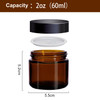 BPFY 24 Pack 2 oz Round Amber Glass Cosmetic Jars with Inner Liners and Black Lids Travel Jars Refillable Containers for