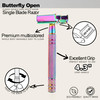 WEISHI Butterfly Open Double Edge Safety Razor for Men and Women Elegant Rainbow Color Handle with 5 Stainless Razor Bla