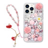 Omorro for iPhone 16 Pro Bling Case with Strap Luxury Glitter Rhinestone Diamond Crystal Sparkle Rose Flower Pearl Flora