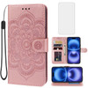 Bohefo Case for iPhone 16 Wallet Case with Tempered Glass Screen Protector Mandala Leather Flip Credit Card Holder Stand