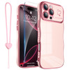 ROYBENS for iPhone 16 Pro Case Wave Frame with Screen Protector Wrist Strap Women Girls Cute Plating Heart Design Full C