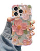 Jusy Case for iPhone 16 Pro Max Colorful Retro Oil Painting Printed Flower Laser Blue Glossy Pattern Cute Curly Wave Pho