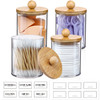 4 Pack Qtip Holder Dispenser with Bamboo Lids 10 oz Clear Plastic Apothecary Jar Containers for Vanity Makeup Organizer