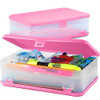 Enday Pencil Box Pink Large Capacity Plastic Double Deck Box with 12 Compartments Plastic Pencil Box with SnapTight Lid
