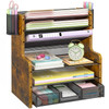 DAOUTIME 6Tier Mesh Desk Organizer with Drawer Wooden Office Organizer for Papers Folders Office Supplies Sturdy Desktop