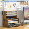 DAOUTIME 6Tier Mesh Desk Organizer with Drawer Wooden Office Organizer for Papers Folders Office Supplies Sturdy Desktop
