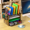 4Tier Mesh Desk Organizer Wooden Desk File Organizer with 5 Vertical File Holders and 2 Pen Holders Desktop Organizers a
