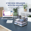 SUPEASY 3 Tier Desk Organizer with Handle 3 Pen Holders Mesh PaperFile Organizer for Desk Paper Letter Tray Organizer fo