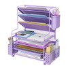 Simple Trending 7 Tier Desk File Organizer Letter Tray Paper Organizer with Pen Holder and Metal Hanging Basket Purple