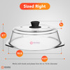 Tall Glass Microwave splatter cover | Sturdy clear 100% food safe BPA free glass lid with easy grip silicone handle |