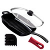 Cuisinel Cast Iron Square Grill Pan + Glass Lid + Pan Scraper + Handle Cover - 10.5" Pre-Seasoned Ridged Skillet -