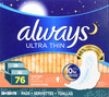 Always Ultra Thin Overnight Pads with Wings, Unscented, 76 Count