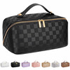 ALEXTINA Large Capacity Travel Cosmetic Bag - Portable Makeup Bags for Women Travel Toiletry Bag Waterproof Leather Checkered Makeup Organizer Bag, R