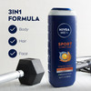 NIVEA MEN Sport Body Wash with Revitalizing Minerals, Tangerine and Pepper Scent, 3-in-1 Men's Body Wash, Face and Hair, Paraben Free, Vegan Formula,