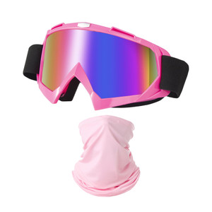LJDJ Motorcycle Goggles Dirt Bike ATV Off-Road Riding Motocross Glasses with Sun UV Protection Neck Gaiter Face Cover (Pink/Colorful Lens)