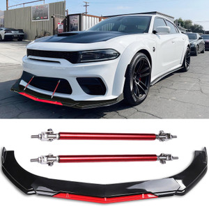 DREAMOTOR Universal Car Front Bumper Lip + 2PCS 8"-11" Adjustable Splitter Rods front lip Spoiler Splitter Body Kit Compatible with Dodge Charger Nis