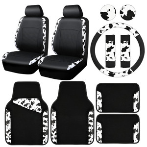 CAR-PASS Cow Print Car Accessories Sets Faux Leather Car Seat Covers & Cow Car Mats & Cow Steering Wheel Cover Seat Belt Pads Universal fit for SUV,V