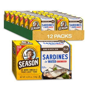 Season Sardines in Water - No Salt Added, Wild Caught, 22g of Protein, Keto Snacks, More Omega 3's Than Tuna, Kosher, High in Calcium, Canned Sardine