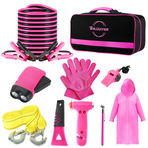 BHLUUIYER Car Emergency Kit, Pink Roadside Emergency Car Kit with Jumper Cables, Tow Rope, Safety Hammer, Pink Car Accessories for Women