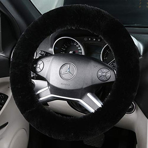 Fluffy Wool Sheepskin Fuzzy Black Car Steering Wheel Cover for Universal Auto Steering Wheel 14 1/2-15 1/2inch, Anti-Slip, Soft Plush, Comforting and