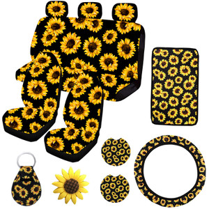 Ldntly 12PCS Sunflower Front and Rear Bench Seat Cover Full Set,Car Accessories Sunflower Gifts for Women,Steering Wheel Cover,Armrest Cover,Vent,Coa