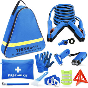 THINKWORK Car Emergency Kit for Teen Boy and Men's Gifts, Blue Emergency Roadside Assistance kit with 10FT Jumper, First Aid Kit, Safety Hammer, Tow