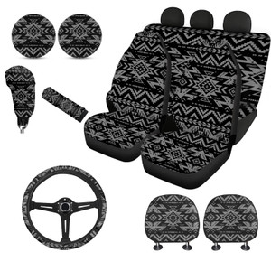 Wanyint Black Aztec Print Car Seat Cover for Women Men Full Set Steering Wheel Cover Shift Knob Handbrake Protector Coasters Head Rest Covers Univers