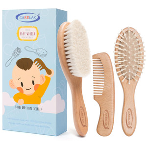 Baby Hair Brush & Comb Set, Organic Wooden Hairbrush Natural Goat Bristles 3-Piece for Newborns & Toddlers, Ideal for Cradle Cap & Itching, Perfect S
