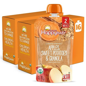 Happy Baby Organics Stage 2 Baby Food Pouches, Gluten Free, Vegan & Healthy Snack, Clearly Crafted Fruit & Veggie Puree, Apples, Sweet Potatoes & Gra