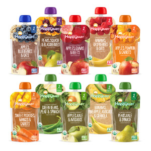 Happy Baby Organics Stage 2 Baby Food Pouches, Gluten Free, Vegan & Healthy Snack, Clearly Crafted Fruit & Veggie Puree, Fruit & Veggie Variety Pack,