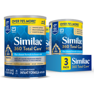 Similac 360 Total Care Infant Formula, Has 5 HMO Prebiotics, Our Closest Prebiotic Blend to Breast Milk, Non-GMO, Baby Formula Powder, 36-oz Value Ca